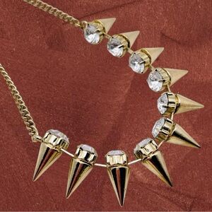 Gorgeous Vintage Polished Gold Tone Spike Necklace With Dazzling Rhinestones